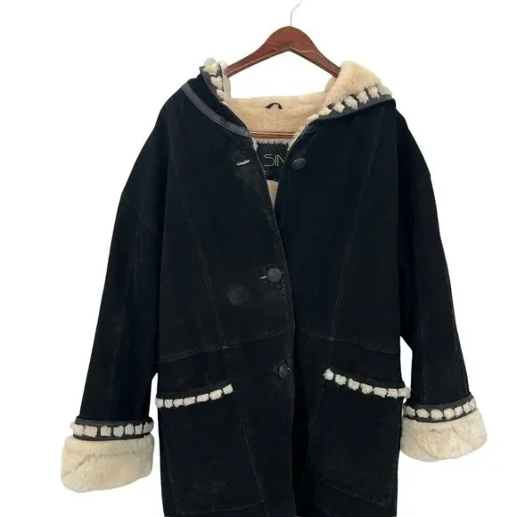 Vintage Sin by Morgan Cooper Black Suede Faux Fur Hooded Trench Coat Jacket L - Picture 5 of 16